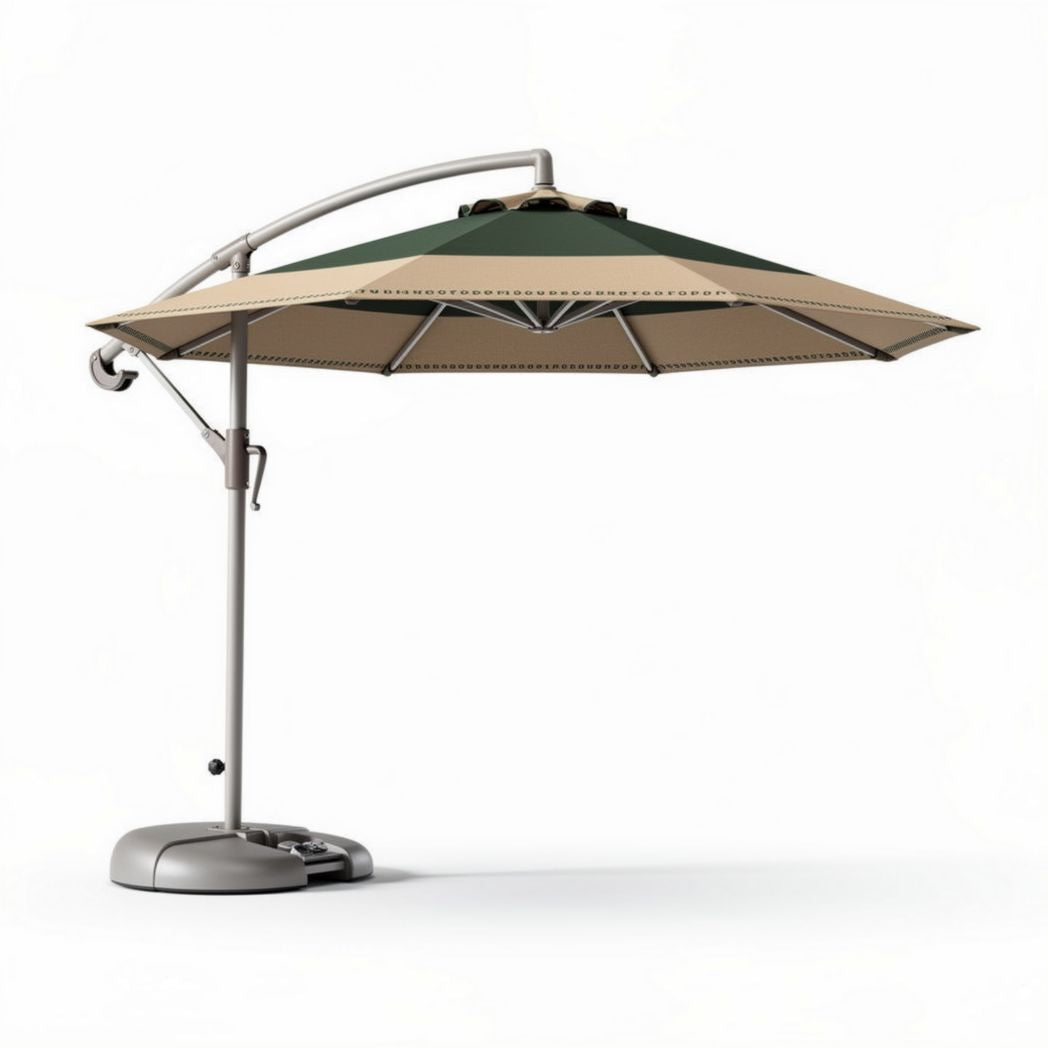 Hangende parasol groen en beige met een diameter van 300 cm en verstelbare arm