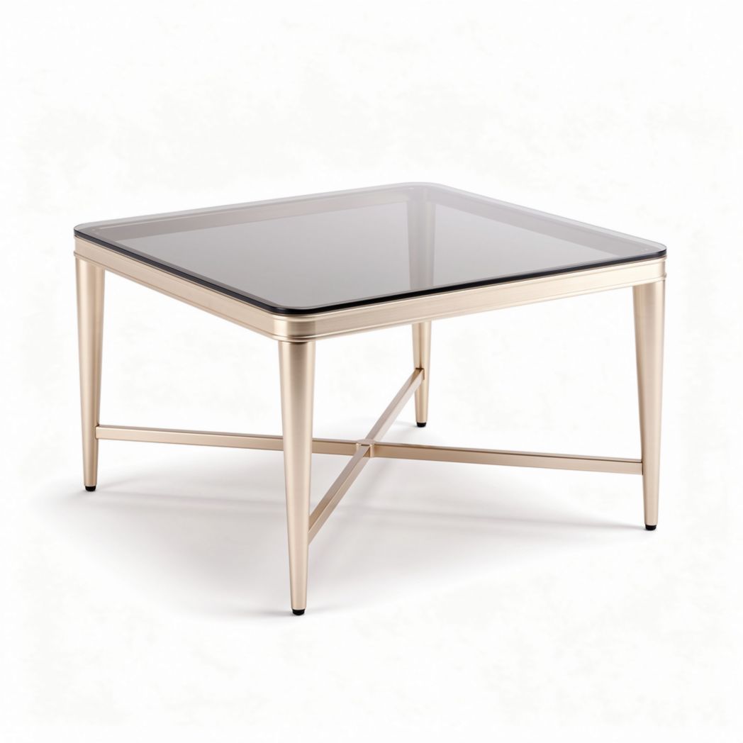 Glazen salontafel met gouden metalen poten 80 x 80 x 45cm