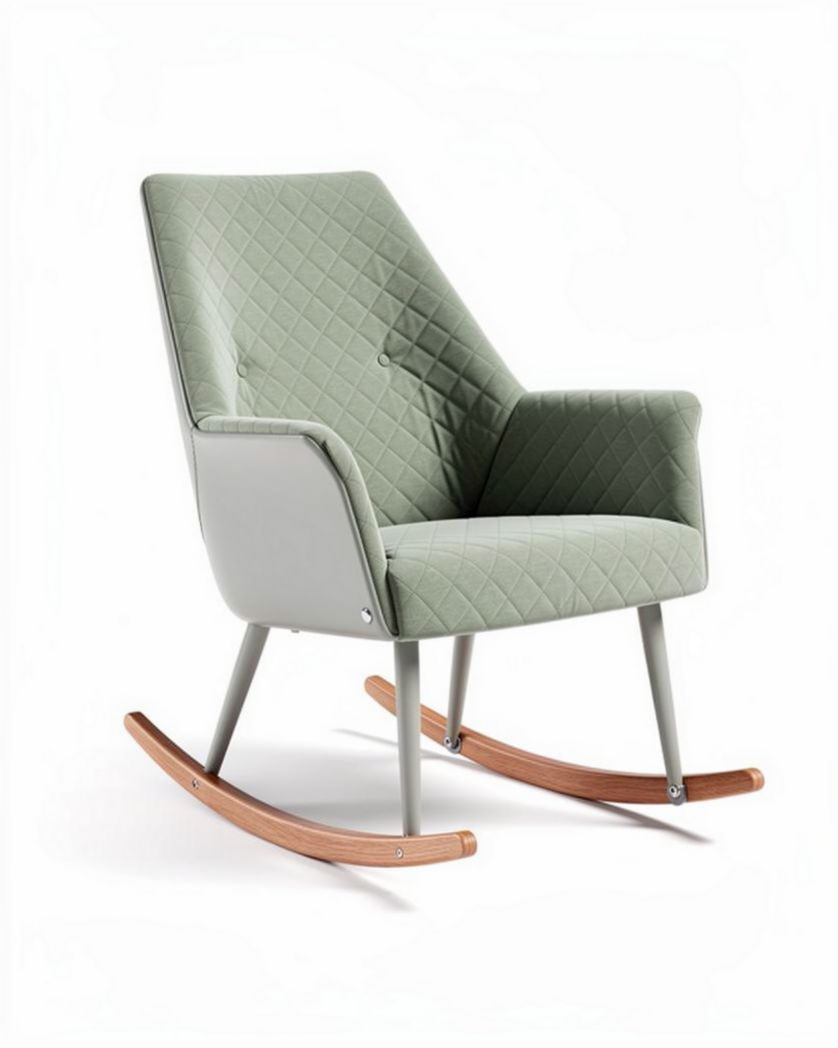 Schommelstoel met lichtgroene stof en houten rockers 80 x 70 x 100cm
