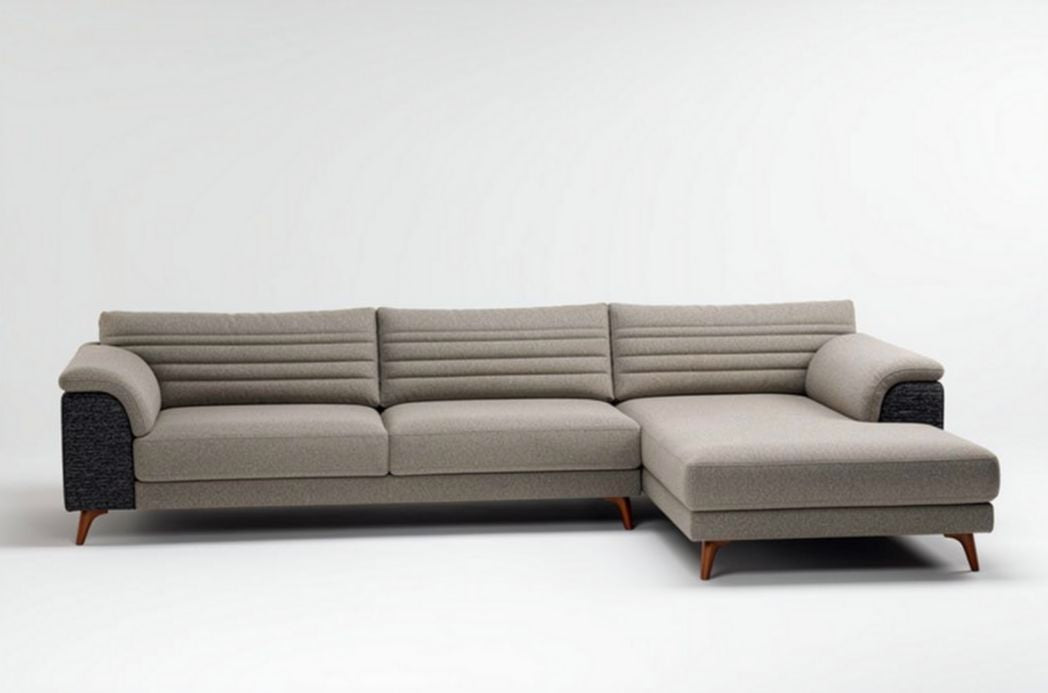 L-vormige bank in stof met chaise longue en houten poten grijs 240 x 90 x 85cm